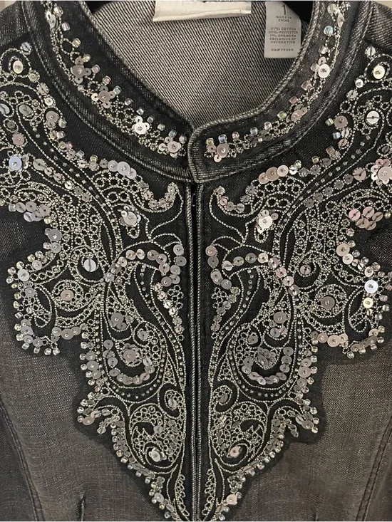 Chico's Black Embellished Denim Jacket with Silver Sequin Detail - Picture 3 of 8